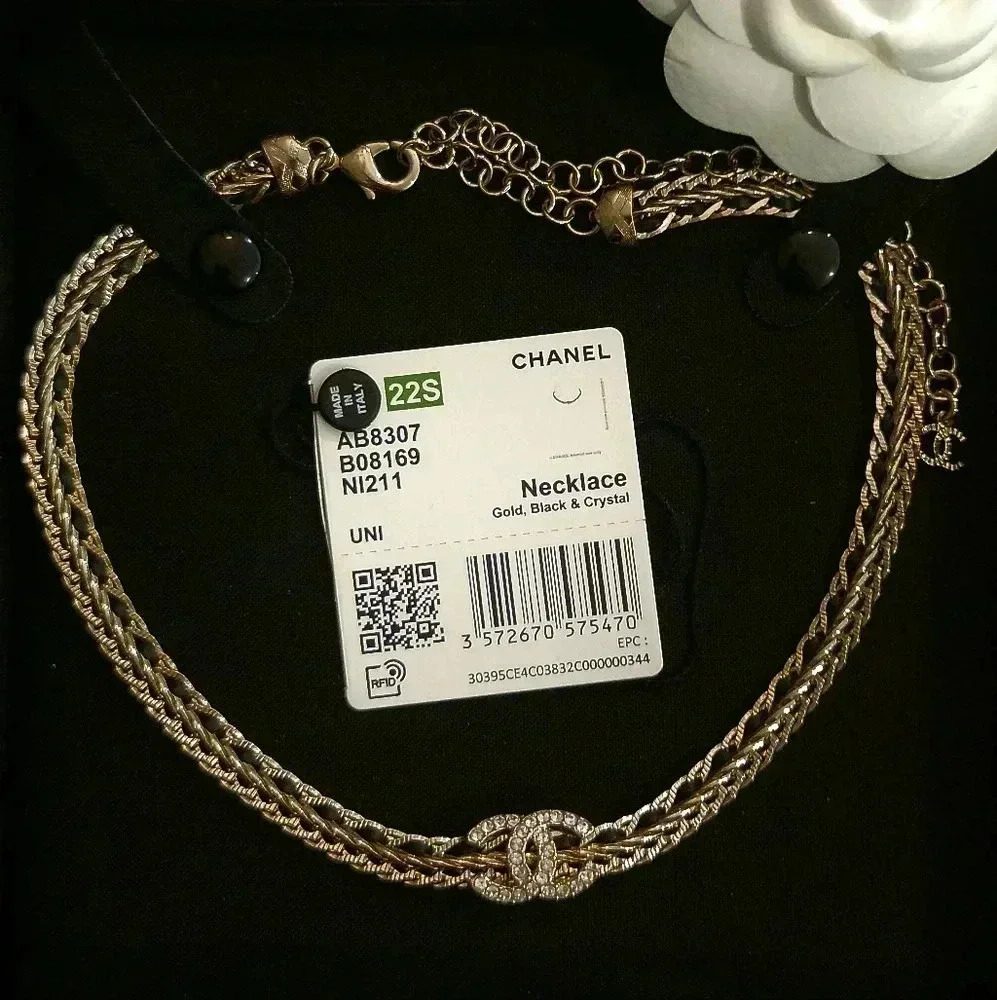 Chanel Black Leather/Gold Chain Choker